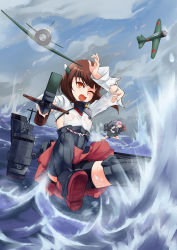 Rule 34 | 10s, 2girls, aircraft, airplane, bike shorts, blue eyes, breasts, brown eyes, brown hair, covered erect nipples, gloves, kantai collection, looking at viewer, machinery, multiple girls, nam (valckiry), one eye closed, open mouth, pink hair, ponytail, see-through, shiranui (kancolle), sideboob, small breasts, taihou (kancolle), thighhighs, torn clothes, torpedo, turret, water, wet, wink
