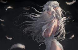 Rule 34 | 1girl, angel, angel wings, armlet, bare shoulders, blood, blue eyes, braid, breasts, chuby mi, crossed arms, dress, feathered wings, feathers, floating hair, from side, highres, large breasts, long hair, looking afar, original, parted lips, photoshop (medium), pointy ears, side slit, silver (metal), sleeveless, sleeveless dress, solo, white dress, white hair, wind, wings