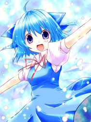 Rule 34 | 1girl, bad id, bad pixiv id, blue eyes, blue hair, cirno, embodiment of scarlet devil, light particles, looking at viewer, matching hair/eyes, misato miyu, outstretched arms, short hair, solo, spread arms, touhou, wings