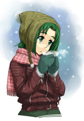 Rule 34 | 00s, 1girl, akimoto komachi, beanie, breath, coat, cold, earflap hat, enoshima iki, gloves, green eyes, green hair, hat, jacket, leather, leather jacket, matching hair/eyes, mittens, plaid, plaid scarf, precure, scarf, snow, solo, winter, winter clothes, winter coat, yes! precure 5