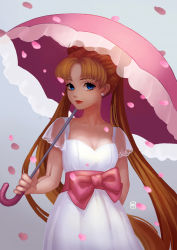 Rule 34 | 1girl, absurdres, arm behind back, bishoujo senshi sailor moon, blue eyes, bow, breasts, cleavage, closed mouth, double bun, dress, earrings, hair bun, highres, holding, holding umbrella, jewelry, large bow, lips, lipstick, long hair, looking at viewer, makeup, medium breasts, mian mie, pearl earrings, petals, pink bow, pink umbrella, red lips, sash, see-through, short sleeves, smile, solo, tsukino usagi, twintails, umbrella, very long hair, waist bow, white dress