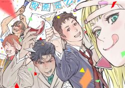 Rule 34 | 1girl, 4boys, alcohol, beer, beer mug, black jacket, blonde hair, blue eyes, blush, brown eyes, brown hair, brown jacket, cocktail glass, collared shirt, confetti, cup, drinking glass, formal, gawman nobile, gigi andalusia, gundam, gundam hathaway&#039;s flash, hair behind ear, hair between eyes, hathaway noa, holding, holding cup, jacket, kenneth sleg, lane aim, military, military uniform, mug, multiple boys, nail polish, necktie, official art, onda naoyuki, open mouth, party popper, pink nails, red necktie, salute, scar, scar across eye, scar on face, shirt, smile, suit, tongue, tongue out, uniform, v, v-shaped eyebrows, white shirt, wine glass