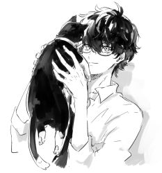 Rule 34 | 1boy, amamiya ren, animal, cat, closed mouth, glasses, greyscale, hair between eyes, holding, holding animal, holding cat, male focus, monochrome, morgana (persona 5), persona, persona 5, sawa2, shirt, simple background, sketch, upper body