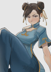 Rule 34 | 1girl, :t, absurdres, blue dress, blue pants, breasts, brown eyes, brown hair, capcom, china dress, chinese clothes, chun-li, cleavage cutout, clothing cutout, double bun, dress, ear piercing, hair bun, hair ribbon, highres, knee up, leggings, light blush, looking at viewer, medium breasts, nimbos12, out of frame, pants, piercing, pout, ribbon, short sleeves, signature, simple background, solo, street fighter, street fighter 6, white background, yellow ribbon
