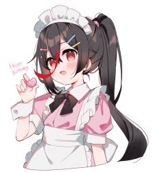 Rule 34 | 1girl, :d, apron, black bow, black hair, blush, bow, brown eyes, collared dress, commentary, dress, fang, frilled apron, frills, grisaia chronos rebellion, hair between eyes, hair ornament, hairclip, happy birthday, heart, highres, holding, holding heart, koizumi isuka, long hair, maid, maid headdress, meito (maze), multicolored hair, open mouth, pink dress, ponytail, puffy short sleeves, puffy sleeves, red hair, short sleeves, simple background, smile, solo, streaked hair, symbol-only commentary, very long hair, white apron, white background