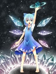 Rule 34 | &gt;:o, 1girl, :o, barefoot, blue eyes, blue hair, bow, cirno, cryokinesis, dress, hair bow, highres, ice, ice wings, inyuppo, open mouth, perfect freeze, short hair, snowing, spell card, touhou, v-shaped eyebrows, wings