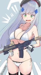 Rule 34 | !, !!, 1girl, absurdres, assault rifle, beret, black gloves, black headwear, black thighhighs, blue hair, bra, breasts, cleavage, commentary request, cowboy shot, cross, cross hair ornament, cross patty, crosswalk, eotech, finger on trigger, foregrip, girls&#039; frontline, gloves, green eyes, gun, h&amp;k hk416, hair ornament, hat, heckler &amp; koch, highres, hk416 (girls&#039; frontline), holding, holding gun, holding weapon, jewelry, large breasts, laser sight, light blue hair, logo, looking down, navel, necklace, optical sight, panties, potryka2000, rifle, side-tie panties, simple background, surprised, teardrop facial mark, thighhighs, tsurime, twitter username, two-tone gloves, underwear, vertical foregrip, weapon, weapon name, white bra, white gloves, white panties