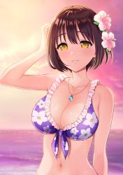 Rule 34 | 1girl, arm at side, arm up, bare arms, bare shoulders, bikini, blue bikini, blue gemstone, blurry, blurry background, blush, breasts, brown hair, cleavage, cloud, collarbone, earrings, evening, floral print, flower, frilled bikini, frills, front-tie bikini top, front-tie top, gem, glint, gradient sky, hair flower, hair ornament, hibiscus, highres, horizon, idolmaster, idolmaster cinderella girls, jewelry, large breasts, light blush, looking at viewer, navel, necklace, ocean, outdoors, parted lips, pendant, pink flower, pink sky, print bikini, purple sky, short hair, sky, smile, solo, stomach, sunset, swimsuit, takafuji kako, tokita arumi, upper body, water, yellow eyes, yellow sky