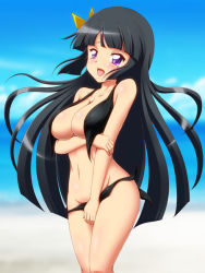 Rule 34 | 1girl, :o, ageha (sister quest), beach, bikini, black bikini, black hair, blush, breasts, cleavage, covering privates, day, image sample, large breasts, long hair, mole, purple eyes, sister quest, solo, surprised, swimsuit, takappe, tateha (sister quest), wardrobe malfunction