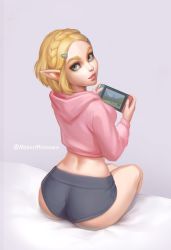 Rule 34 | 1girl, artist name, ass, bed, from behind, green eyes, hair ornament, hairclip, hood, hoodie, lips, looking at viewer, looking back, meekohopanes, nintendo, nintendo switch, parted lips, pink hoodie, pointy ears, princess zelda, short hair, short shorts, shorts, simple background, sitting, solo, the legend of zelda, the legend of zelda: breath of the wild, the legend of zelda: tears of the kingdom, thighs