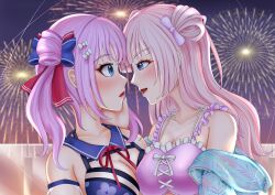 Rule 34 | 2girls, aerial fireworks, arm at side, arms at sides, assault lily, asymmetrical docking, bare shoulders, bikini, blue bikini, blue bow, blue jacket, blue sailor collar, blurry, blurry background, blush, bow, breast press, breasts, cleavage, collarbone, commentary request, cross-laced bikini, cross-laced clothes, detached sleeves, double bun, eye contact, face-to-face, fireworks, floral print, frilled bikini, frills, from side, hair bow, hair bun, half-closed eyes, halterneck, hand on another&#039;s cheek, hand on another&#039;s face, hand up, highres, imai tomohiro, jacket, large breasts, long hair, looking at another, medium hair, multi-strapped bikini top, multicolored bow, multiple girls, neck ribbon, night, off shoulder, official alternate costume, open clothes, open jacket, outdoors, parted lips, pink bikini, pink bow, pink hair, print bikini, profile, red bow, red ribbon, ribbon, sadamori himeka, sailor collar, see-through, see-through sleeves, smile, swimsuit, tanba akari, twintails, upper body, white bow, yuri