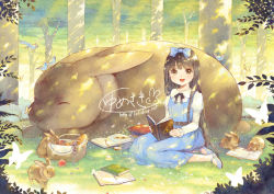 Rule 34 | 1girl, :d, artist name, bird, book, bow, brown eyes, brown hair, bug, rabbit, butterfly, dress, grass, hair ribbon, bug, long hair, long sleeves, mary janes, open book, open mouth, original, picnic basket, ribbon, shoes, signature, smile, solo, tree, watermark, web address, xiangtu