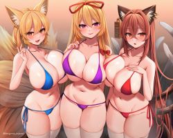 Rule 34 | 3girls, :d, aged up, alternate breast size, animal ear fluff, animal ears, bikini, breasts, brown hair, cat ears, cat tail, chen, cowboy shot, fox ears, large breasts, long hair, looking at viewer, marota, multiple girls, multiple tails, nail polish, no headwear, open mouth, orange eyes, parted lips, purple eyes, skindentation, smile, swimsuit, tail, thighhighs, touhou, very long hair, white thighhighs, yakumo ran, yakumo yukari