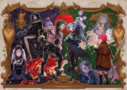 Rule 34 | 5boys, 5girls, bare legs, black dress, black hair, character request, crossed arms, demon, dress, dungeon and fighter, gothic lolita, green hair, highres, holding, holding stuffed toy, keto cactus, lolita fashion, multiple boys, multiple girls, niu (dungeon and fighter), official art, pai (dungeon and fighter), painting (object), pants, pink hair, ponytail, scarf, short hair, silver luster tagore, stuffed toy, topless male, twintails, white hair, zealous dieuleve