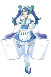 Rule 34 | 1girl, absurdres, artist request, blue hair, character request, elbow gloves, expressionless, full body, glasses, gloves, hand on own hip, headdress, highres, kaden shoujo, legs together, long hair, mary janes, necktie, puffy sleeves, red-framed eyewear, red eyes, semi-rimless eyewear, shoes, short sleeves, simple background, skirt, solo, thighhighs, twintails, underbust, white background, white gloves, white thighhighs