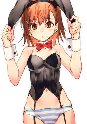 Rule 34 | 1girl, :o, animal ears, bare shoulders, black hairband, black leotard, blush, bow, bowtie, breasts, brown eyes, brown hair, collar, collarbone, commentary request, detached collar, fake animal ears, garter straps, groin, hairband, hands up, holding ears, leotard, misaka imouto, navel, panties, parted lips, playboy bunny, rabbit ears, raika9, red bow, red bowtie, simple background, small breasts, solo, striped clothes, striped panties, toaru kagaku no railgun, toaru majutsu no index, underwear, white background, white collar, wrist cuffs