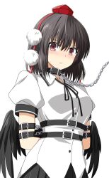 Rule 34 | 1girl, absurdres, arms behind back, bdsm, belt, belt collar, black hair, black ribbon, black skirt, blush, bondage, bound, breasts, brown eyes, chain, chain leash, closed mouth, collar, collared shirt, commentary request, hat, highres, leash, medium breasts, miniskirt, neck ribbon, pleated skirt, pom pom (clothes), puffy short sleeves, puffy sleeves, red hat, restrained, ribbon, rise (rise19851203), shameimaru aya, shirt, short sleeves, simple background, skirt, solo, touhou, white background, white shirt
