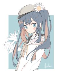 Rule 34 | 1girl, :|, arms at sides, artist name, blue background, blue eyes, blue hair, blush, blush stickers, closed mouth, commentary, drawstring, english commentary, flower, grey hat, hat, hat flower, jacket, long hair, looking at viewer, melanbread, multicolored hair, orange hair, original, sidelocks, signature, sketch, solo, twintails, upper body, white flower