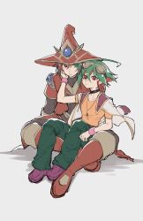 Rule 34 | double iris magician, duel monster, dyed bangs, expressions, full body, goggles, goggles on head, green hair, green pants, hand on another&#039;s cheek, hand on another&#039;s face, hat, highres, jewelry, male focus, multicolored hair, orange shirt, pants, pendant, red hair, sakaki yuya, shirt, sitting, sitting on lap, sitting on person, two-tone hair, wizard, wizard hat, wudu c, yu-gi-oh!, yu-gi-oh! arc-v