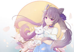 Rule 34 | 1girl, ^ ^, animal, blue dress, carrying, cat, cherry blossoms, choker, closed eyes, collarbone, commentary, double bun, dress, closed eyes, genshin impact, hair bun, highres, keqing (genshin impact), long hair, moon, purple eyes, purple hair, purple neckwear, qingye ling, short sleeves, smile, twintails, white cat