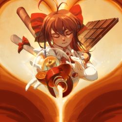 Rule 34 | 1girl, absurdres, antenna hair, bow, bowtie, brown hair, buttons, chocolate, closed eyes, closed mouth, coffee, elbow gloves, floating, frills, glass, gloves, hair between eyes, hair bow, heart, highres, latte art, liquid, long hair, maid, original, pouring, red bow, red bowtie, solo, white gloves, zeniyan
