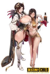 Rule 34 | 2girls, absurdres, alcohol, bangle, blue eyes, boots, bracelet, breasts, brown hair, cape, character request, circlet, cleavage, closed eyes, copyright name, cup, curvy, destiny child, drinking glass, earrings, food, from above, fruit, gold leotard, grapes, hair ornament, hand on own hip, high heels, highleg, highleg leotard, highres, holding, holding tray, jewelry, large breasts, leotard, mammon (destiny child), multiple girls, navel, parted bangs, pelvic curtain, sidelocks, smile, thigh boots, thighs, tray, whiskey, white background, wonchun