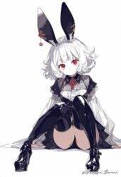 Rule 34 | 1girl, animal ears, artist name, character request, copyright request, dress, dress shoes, highres, rabbit ears, rabbit girl, red eyes, short hair, simple background, sitting, solo, thighhighs, thighs, white background, white hair, yurari banri, zettai ryouiki