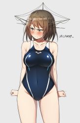 Rule 34 | &gt;:(, 10s, 1girl, annoyed, blue eyes, blush, breasts, brown hair, competition swimsuit, covered navel, frown, hair ornament, highres, kantai collection, large breasts, maya (kancolle), one-piece swimsuit, short hair, solo, soukou makura, swimsuit, translated, v-shaped eyebrows