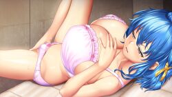 Rule 34 | 1girl, bed, blue hair, blush, bra, breasts, cleavage, female focus, game cg, half-closed eyes, hand on own chest, hand up, huge breasts, indoors, kaki suzu, legs, lying, on bed, original, oshare kyoushitsu, panties, pillow, play! play! play! lock!, short hair, solo, spread legs, thighs, underwear, underwear only, wazakita, yellow eyes, yuuki shin