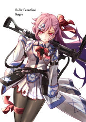 Rule 34 | 1girl, absurdres, arm strap, black pantyhose, blood, blood on clothes, bow, braid, breasts, collared jacket, general-purpose machine gun, girls&#039; frontline, gloves, gun, hair between eyes, hair bow, hair ornament, hair ribbon, hairclip, hexagram, highres, holding, holding gun, holding weapon, imi negev, israel, iwi negev, jacket, leg ribbon, light machine gun, long hair, looking at viewer, machine gun, medium breasts, mid-stride, military, military uniform, neck ribbon, negev (girls&#039; frontline), one side up, pantyhose, pink hair, pouch, red bow, red eyes, red ribbon, ribbon, satanfang, sidelocks, simple background, skirt, solo, star of david, strap, torn clothes, torn skirt, uniform, walking, weapon, white gloves, white skirt