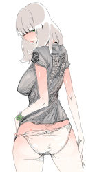 Rule 34 | 1girl, ass, bottomless, bracelet, breasts, eee ddd, goshiki suzu, green eyes, hair over one eye, jewelry, lace, lace-trimmed panties, lace trim, large breasts, lips, looking back, panties, panty pull, shirt, simple background, solo, t-shirt, underwear, white panties