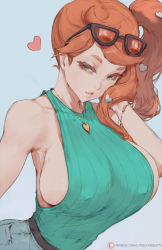 Rule 34 | 1girl, bare shoulders, breasts, cleavage, collarbone, covered erect nipples, creatures (company), cutesexyrobutts, female focus, game freak, green eyes, green nails, hair ornament, heart, highres, jewelry, large breasts, lips, makeup, nail polish, necklace, nintendo, orange hair, pants, patreon username, pokemon, pokemon swsh, ponytail, sideboob, solo, sonia (pokemon), sunglasses, sunglasses on head, watermark, web address