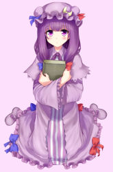 Rule 34 | 1girl, aldehyde, blush, book, hugging book, capelet, crescent, dress, female focus, hat, holding, holding book, hugging object, long hair, looking at viewer, patchouli knowledge, purple eyes, purple hair, solo, striped clothes, striped dress, touhou, vertical stripes