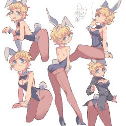 Rule 34 | animal ears, ass, blonde hair, bow, bowtie, breasts, cigarette, cleavage, detached collar, fake animal ears, from behind, glasses, leaning forward, leotard, messy hair, open mouth, original, pantyhose, playboy bunny, rabbit ears, rabbit tail, shimazaki1152, short hair, simple background, sitting, smoking, standing, strapless, strapless leotard, tail, white background
