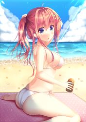 Rule 34 | 1girl, adjusting hair, ahoge, bare arms, bare legs, beach, bikini, blue eyes, blush, bow, breasts, chestnut mouth, cloud, cloudy sky, commentary request, day, from side, green bow, hair bow, halterneck, holding, long hair, looking at viewer, lotion bottle, medium breasts, ocean, original, outdoors, ponytail, red hair, side-tie bikini bottom, sitting, sky, solo, suzukawa yui, swimsuit, wariza, white bikini, yellow bow