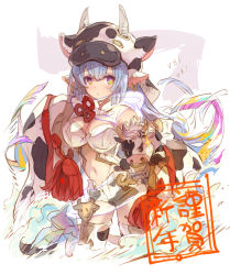 Rule 34 | 1girl, animal ears, animal print, bikini, blush, breasts, catura (granblue fantasy), cow ears, cow girl, cow hat, cow horns, cow print, detached collar, draph, ear piercing, granblue fantasy, haku (sabosoda), horns, large breasts, long hair, long sleeves, looking at viewer, micro shorts, open mouth, piercing, pointy ears, see-through, short shorts, shorts, solo, swimsuit, thighhighs, thighs, white bikini, white shorts, white thighhighs