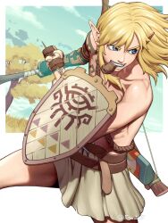 Rule 34 | 1boy, 5tatsu, blonde hair, blue eyes, body markings, border, bow (weapon), club (weapon), cowboy shot, fighting stance, food, food in mouth, furrowed brow, grin, hair between eyes, highres, holding, holding club, holding shield, holding skewer, holding weapon, link, male focus, meat, medium hair, nintendo, pointy ears, shield, sidelocks, skewer, smile, solo, teeth, the legend of zelda, the legend of zelda: tears of the kingdom, topless male, tree, weapon, weapon on back, white border