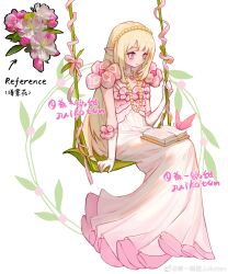 Rule 34 | 1girl, absurdres, artist name, blonde hair, blush, book, bug, butterfly, chinese commentary, chinese text, closed mouth, dress, elbow gloves, english text, flower, full body, gloves, hairband, hand up, highres, insect, jewelry, long dress, long hair, looking afar, looking down, necklace, open book, original, pearl hairband, pearl necklace, personification, photo inset, pink butterfly, pink eyes, pink flower, pink ribbon, pointy ears, reference inset, ribbon, simple background, sitting, sleeveless, sleeveless dress, smile, solo, swing, weibo watermark, white background, white dress, white flower, white gloves, yellow hairband, zhu yiguo tian