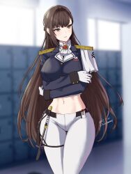 Rule 34 | 1girl, ascot, black jacket, blurry, blurry background, breasts, brown eyes, brown hair, closed mouth, commentary, cowboy shot, crop top, cropped jacket, crossed arms, dated, epaulettes, gloves, goddess of victory: nikke, highres, id card, indoors, jacket, large breasts, long hair, long sleeves, looking to the side, marciana (nikke), midriff, military jacket, military uniform, name tag, navel, navel piercing, pants, piercing, riding crop, sidelocks, signature, solo, standing, tight clothes, tight pants, uniform, white ascot, white gloves, white pants, yamamori kinako