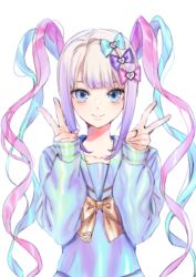 Rule 34 | 1girl, absurdres, blue eyes, blue hair, bow, chouzetsusaikawa tenshi-chan, commission, double v, gradient hair, hair bow, highres, holographic clothing, kishida mel, large bow, long hair, looking at viewer, multicolored hair, multiple hair bows, needy girl overdose, pin, pink hair, purple hair, quad tails, sailor collar, school uniform, serafuku, simple background, skeb commission, smile, solo, upper body, v, very long hair, white background
