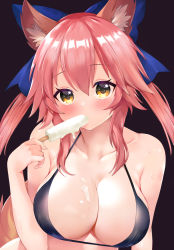 Rule 34 | 1girl, animal ear fluff, animal ears, bare shoulders, bikini, black bikini, blue bow, blue ribbon, blush, bow, breasts, cleavage, collarbone, dripping, eating, fate/extra, fate/grand order, fate (series), food, fox ears, fox girl, hair between eyes, hair bow, hair ribbon, highres, holding, holding food, ice cream, large breasts, long hair, looking at viewer, melting, pink hair, popsicle, purple background, ribbon, sabi1234, sidelocks, simple background, solo, split ponytail, swimsuit, tamamo (fate), tamamo no mae (fate/extra), yellow eyes