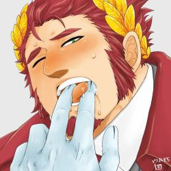 Rule 34 | 2boys, animal ears, animal hands, bara, beard, blush, claude (housamo), close-up, coat, facial hair, finger in another&#039;s mouth, formal, furry, furry male, furry with non-furry, gakei3, goatee, interspecies, laurel crown, long sideburns, looking at another, male focus, mature male, multiple boys, muscular, muscular male, necktie, pov, red coat, red hair, saliva, short hair, sideburns, snow (housamo), solo focus, thick eyebrows, tokyo houkago summoners, tongue, tongue out, torogao, upper body, white hair, yaoi