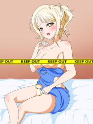 Rule 34 | 1girl, artist request, blonde hair, blush, breasts, breasts out, caution tape, censored, censored nipples, female focus, keep out, long hair, looking at viewer, love live!, love live! nijigasaki high school idol club, miyashita ai, open mouth, sitting, solo, tape censor