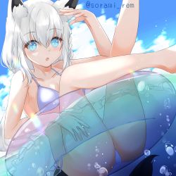 Rule 34 | 1girl, air bubble, animal ear fluff, animal ears, arm up, bikini, blush, braid, breasts, bubble, cloud, cloudy sky, commentary request, day, fox ears, fox girl, fox tail, green eyes, hair between eyes, hololive, innertube, legs up, long hair, looking at viewer, ocean, open mouth, outdoors, partially submerged, shirakami fubuki, sidelocks, single braid, sky, small breasts, solo, sorami rem, swim ring, swimsuit, tail, twitter username, virtual youtuber, white bikini, white hair