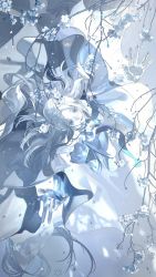 Rule 34 | 1girl, breasts, cleavage, colored skin, flower, highres, ice, long hair, looking at viewer, onmyoji, outstretched arms, see-through, solo, tuotuo, white flower, white hair, white skin, white theme, yuki onna, yuki onna (onmyoji)