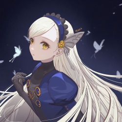 Rule 34 | 1girl, black gloves, blue background, blue dress, bug, butterfly, commentary, dress, elbow gloves, english commentary, flat chest, gloves, highres, insect, lavenza (persona 5), long hair, looking at viewer, maid headdress, persona, persona 5, persona 5 the royal, platinum blonde hair, puffy sleeves, solo, swept bangs, tabard, vafar7, very long hair, yellow eyes
