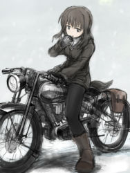 Rule 34 | 1girl, animal ears, black gloves, black pantyhose, boots, brown eyes, brown hair, cigarette, dog ears, dog tail, elizabeth f. beurling, futenesira, gloves, holding, jacket, long hair, long sleeves, motor vehicle, motorcycle, pantyhose, shiraba (sonomama futene), smoke, smoking, solo, strike witches, strike witches: suomus misfits squadron, tail, vehicle, world witches series