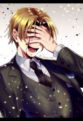 Rule 34 | 1boy, absurdres, blonde hair, blood, blood on face, collared shirt, covered eyes, facing viewer, fate/grand order, fate (series), formal, gradient background, hand on own face, highres, koha-ace, laughing, letterboxed, light particles, long sleeves, male focus, maxwell&#039;s demon (fate), necktie, shirt, simple background, solo, suit, sunglasses, upper body, vest, zassou (ukjpn)