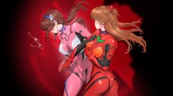 Rule 34 | 2girls, ass, blush, bodysuit, breasts, brown hair, evangelion: 2.0 you can (not) advance, female focus, glasses, hair ornament, hairband, huge ass, interface headset, long hair, low twintails, makinami mari illustrious, meme, meme attire, multiple girls, neon genesis evangelion, pink bodysuit, plugsuit, rebuild of evangelion, red bodysuit, shiny clothes, skin tight, slapping, sonota taisei, souryuu asuka langley, trait connection, twintails, two side up, unworn eyewear, violence, wide hips, will smith slapping chris rock (meme)