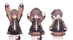 Rule 34 | 3girls, :d, :o, absurdres, ags-30 (girls&#039; frontline), ahoge, arms up, binoculars, black-framed eyewear, black skirt, black vest, blush, brown eyes, brown shirt, collared shirt, commentary request, cowboy shot, girls&#039; frontline, glasses, hammer and sickle, headgear, highres, long hair, long sleeves, looking at viewer, multiple girls, necktie, open mouth, outstretched arms, over-rim eyewear, petticoat, ponytail, pouch, puffy long sleeves, puffy sleeves, red-framed eyewear, red eyes, semi-rimless eyewear, shirt, side ponytail, sidelocks, simple background, skindentation, skirt, smile, spread fingers, star (symbol), terras, thigh pouch, thigh strap, thighhighs, twintails, vest, wavy hair, white background, white legwear, white neckwear, zettai ryouiki